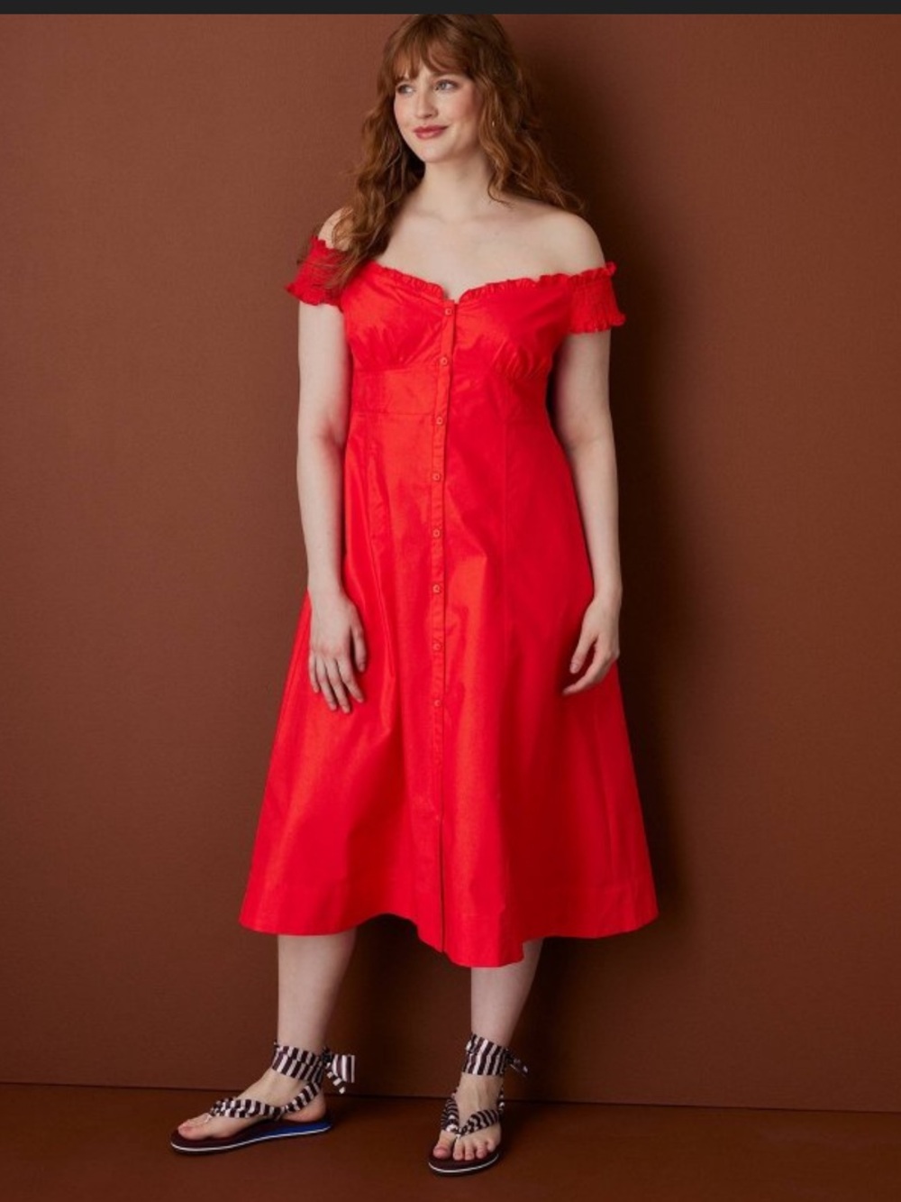 Rosie Assoulin Off-Shoulder Scarlet Button-Front Midi Dress